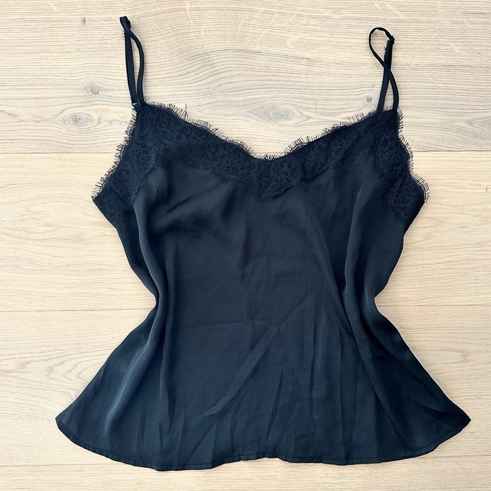 black silky tank with lace trim